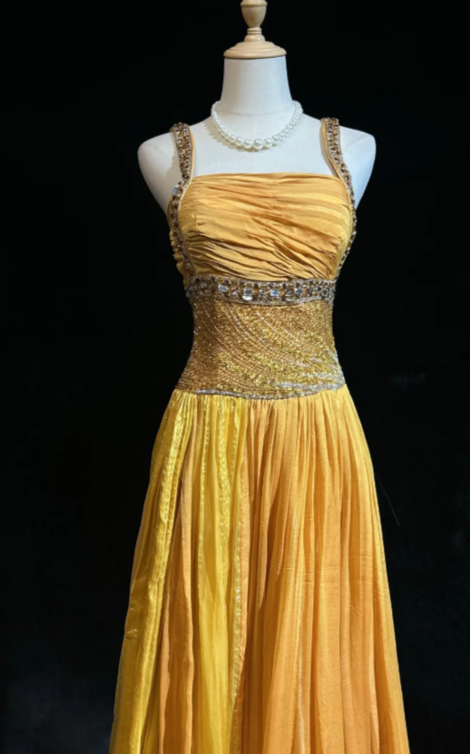 Robe longue fourreau simple à fines bretelles en mousseline perlée, robe de soirée dorée pour bal de promo ED07712