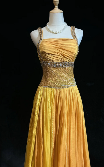 Robe longue fourreau simple à fines bretelles en mousseline perlée, robe de soirée dorée pour bal de promo ED07712