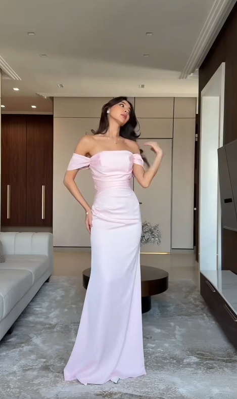 Simple Sheath Off-shoulder Long Evening Dress Satin Pink Wedding Guest Outfit ED07713