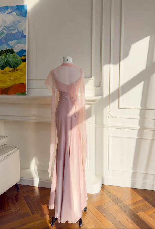 Chic Sheath Spaghetti Straps Long Evening Dress Satin Pink Prom Dress ED07714