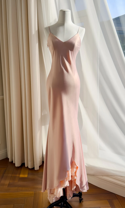 Élégante robe de soirée longue fourreau à fines bretelles en satin rose pour le bal de promo ED07714