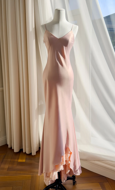 Chic Sheath Spaghetti Straps Long Evening Dress Satin Pink Prom Dress ED07714