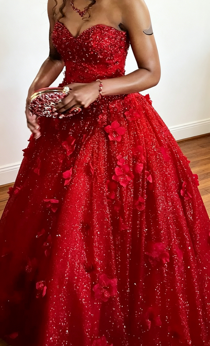 Chic A-Line Sweetheart Tulle Long Evening Dress Red Prom Dress Applique Sweet 16 Dress  ED07716