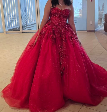 Chic A-Line Sweetheart Tulle Long Evening Dress Red Prom Dress Applique Sweet 16 Dress  ED07716