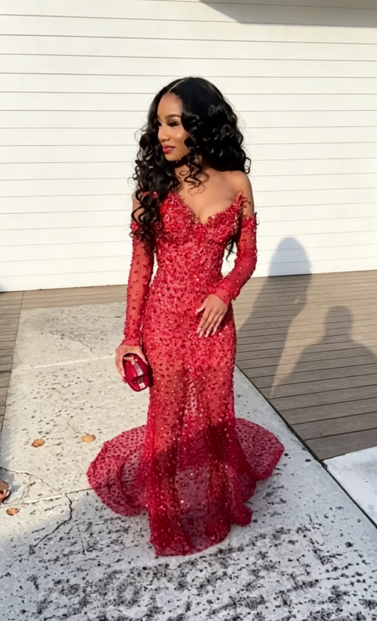 Chic Mermaid Sweetheart Tulle Long Evening Dress Beaded Red Prom Dress  ED07717