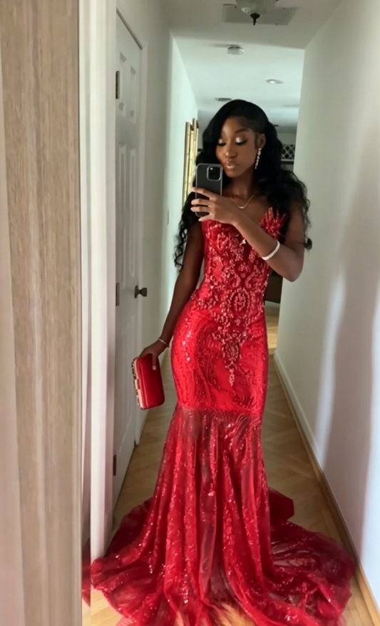 Chic Mermaid Sweetheart Tulle Long Evening Dress Beaded Red Prom Dress  ED07718