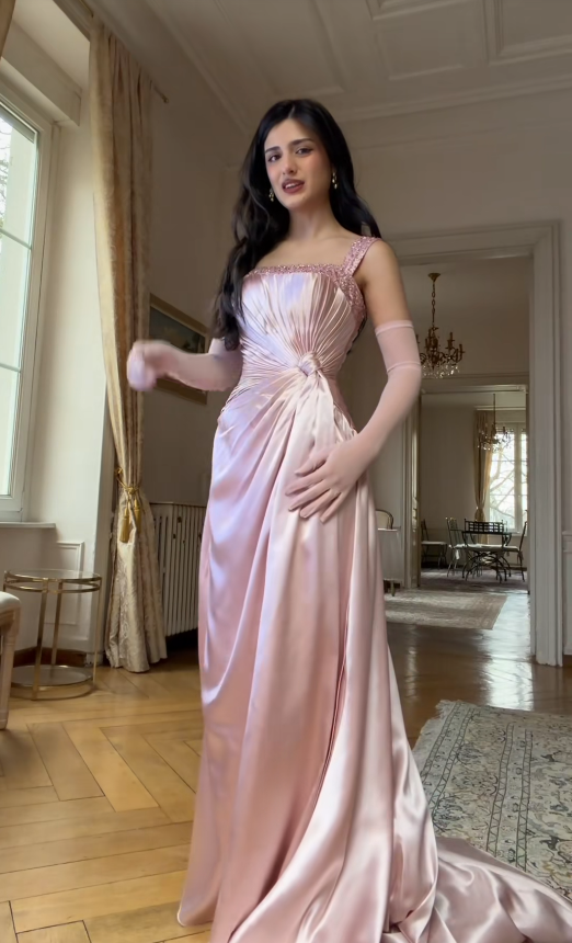 Chic A-Line Satin Long Evening Dress Spaghetti Straps Pink Prom Dress ED07719