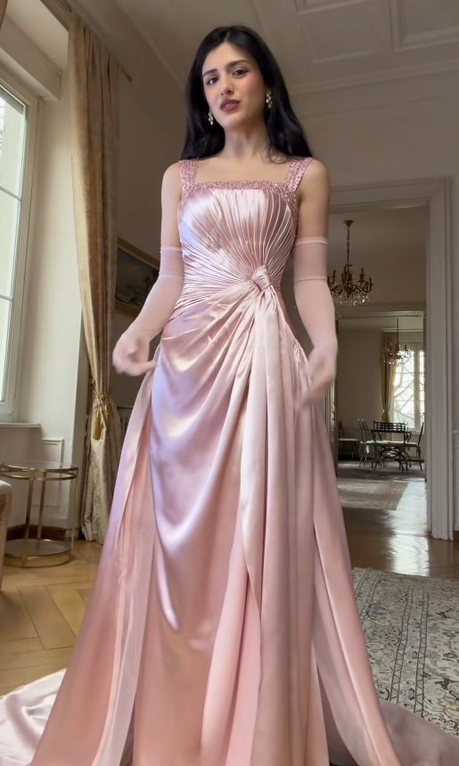 Chic A-Line Satin Long Evening Dress Spaghetti Straps Pink Prom Dress ED07719