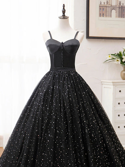 Robe de bal longue noire en tulle, coupe trapèze, robe de soirée noire ED0772
