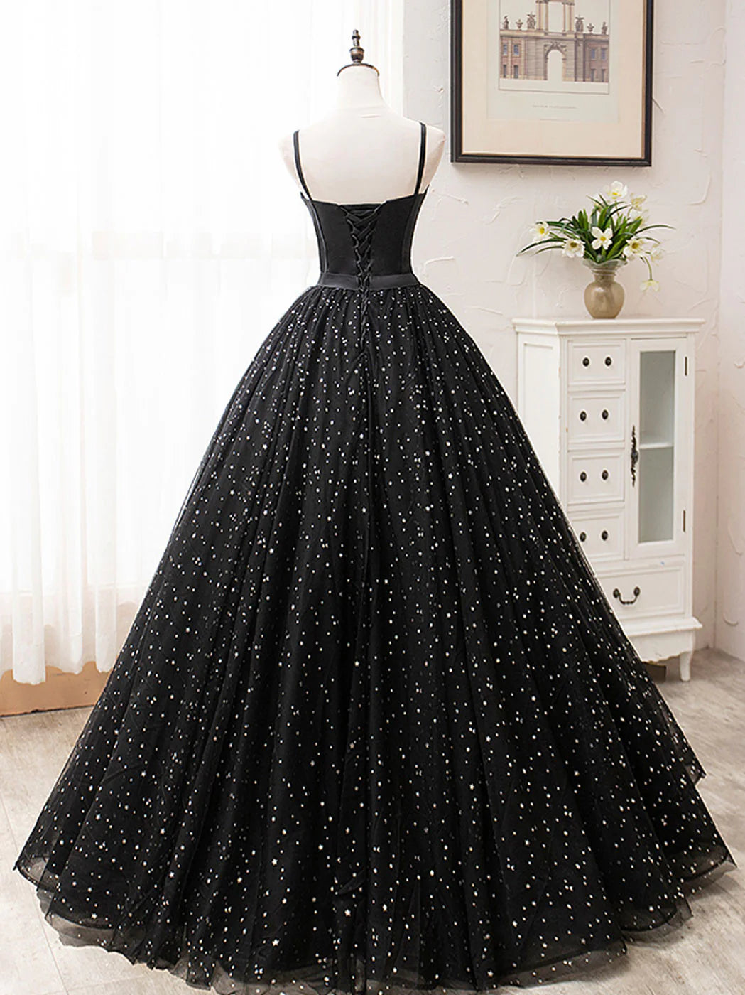 Robe de bal longue noire en tulle, coupe trapèze, robe de soirée noire ED0772