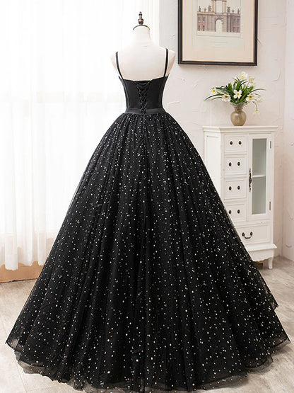Robe de bal longue noire en tulle, coupe trapèze, robe de soirée noire ED0772