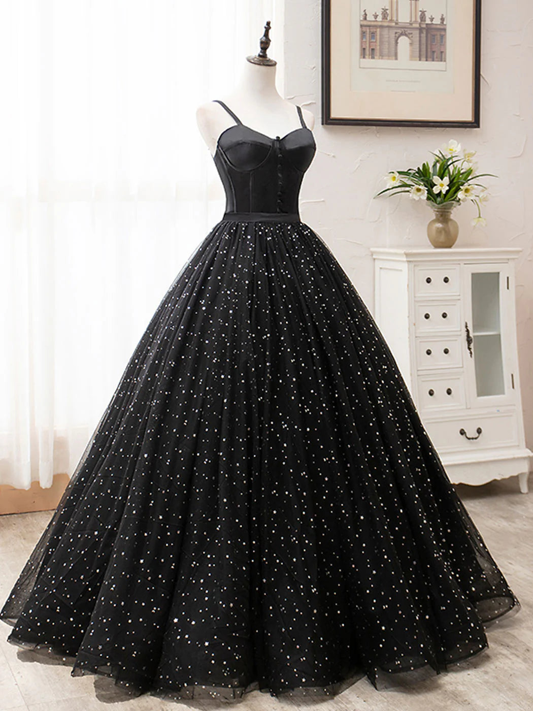 Robe de bal longue noire en tulle, coupe trapèze, robe de soirée noire ED0772