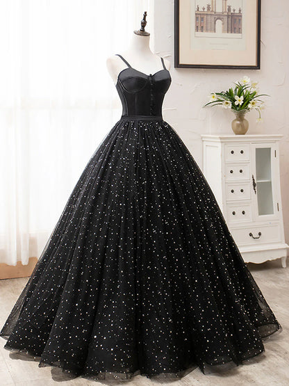 Robe de bal longue noire en tulle, coupe trapèze, robe de soirée noire ED0772