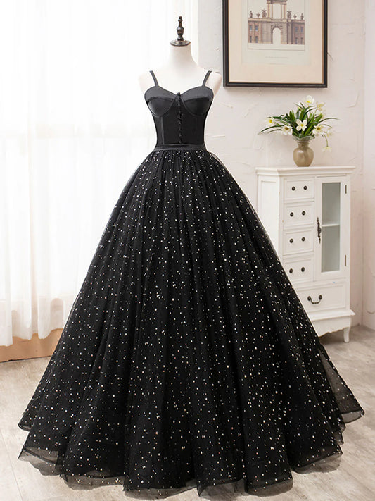 Robe de bal longue noire en tulle, coupe trapèze, robe de soirée noire ED0772