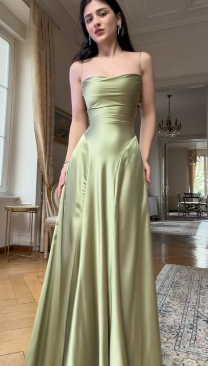Robe chic fourreau à fines bretelles pour invitée de mariage, robe de soirée longue en satin, robe de cérémonie vert olive ED07720