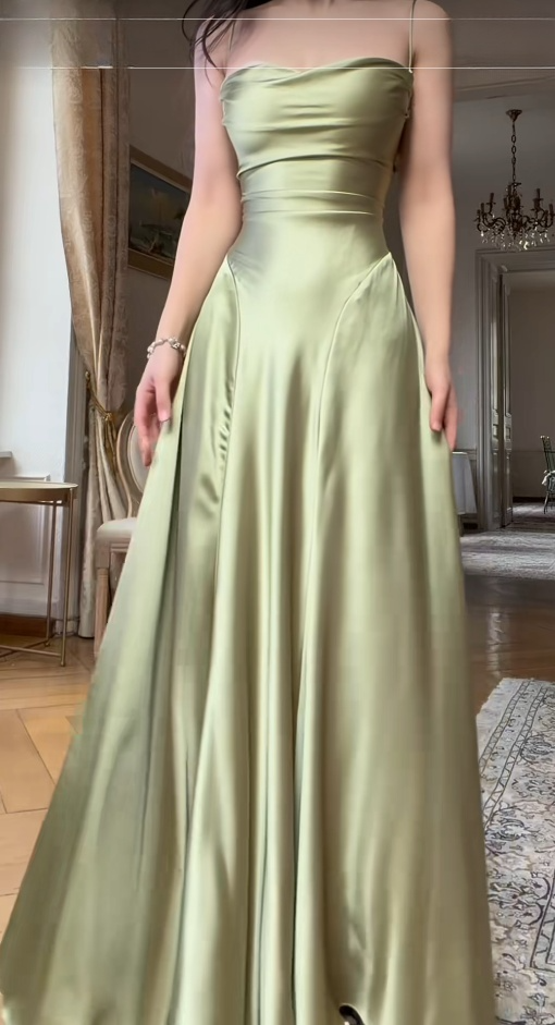 Robe chic fourreau à fines bretelles pour invitée de mariage, robe de soirée longue en satin, robe de cérémonie vert olive ED07720