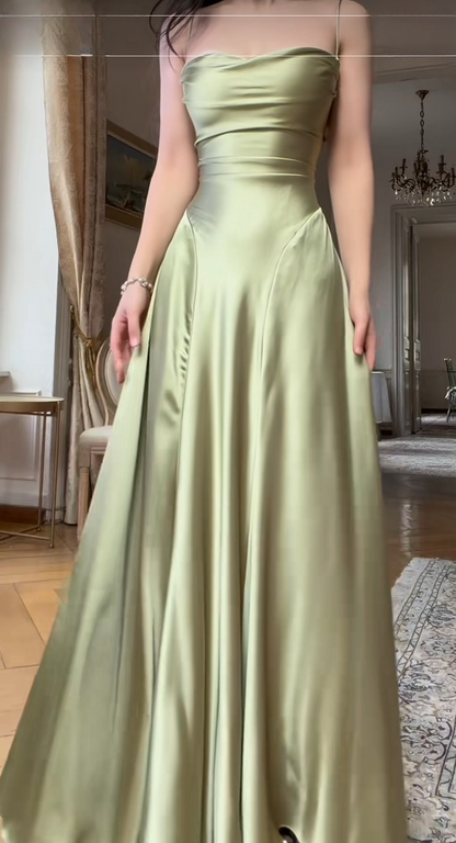 Robe chic fourreau à fines bretelles pour invitée de mariage, robe de soirée longue en satin, robe de cérémonie vert olive ED07720