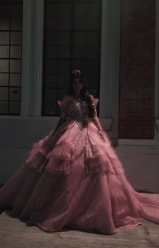 Fairy Ball Gown Tulle Sweet 16 Dress Off-shoulder Long Evening Dress Pink Prom Dress ED07722