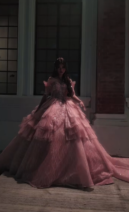 Fairy Ball Gown Tulle Sweet 16 Dress Off-shoulder Long Evening Dress Pink Prom Dress ED07722
