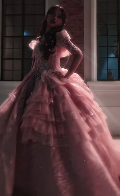 Fairy Ball Gown Tulle Sweet 16 Dress Off-shoulder Long Evening Dress Pink Prom Dress ED07722