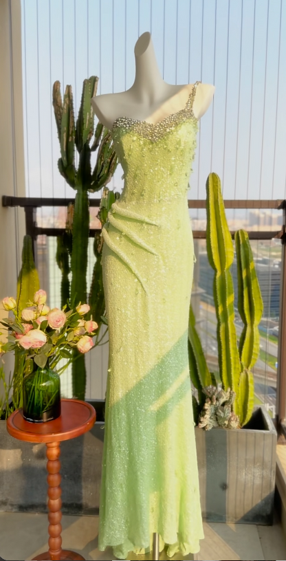 Superbe Robe de Soirée Fourreau en Chiffon Longue à Une Épaule Perles Robe de Cérémonie Verte Robe de Bal ED07724