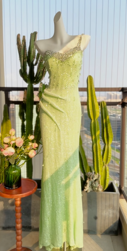 Gorgeous Sheath Chiffon Long Evening Dress One-shoulder Beaded Formal Dress Green Prom Dress ED07724