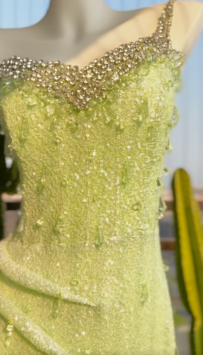 Superbe Robe de Soirée Fourreau en Chiffon Longue à Une Épaule Perles Robe de Cérémonie Verte Robe de Bal ED07724