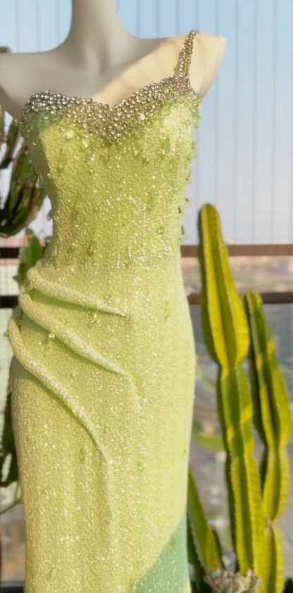 Gorgeous Sheath Chiffon Long Evening Dress One-shoulder Beaded Formal Dress Green Prom Dress ED07724
