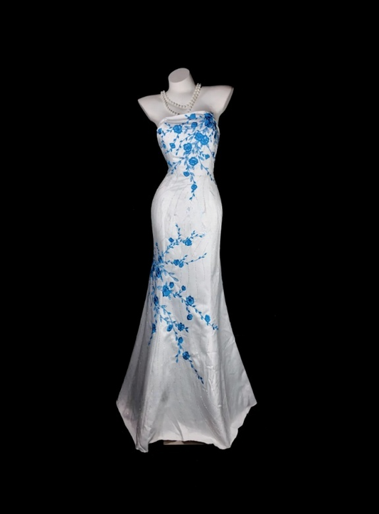 Elegant Strapless Sheath Satin Long Evening Dress Embroidery White Prom Dress ED07725