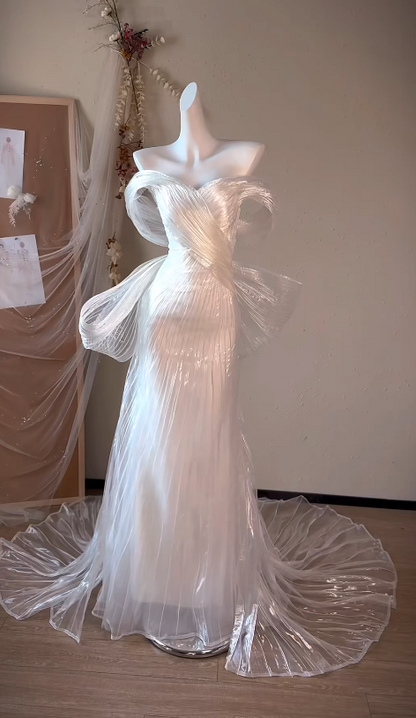 Robe de soirée longue moulante en tulle blanc avec épaules dénudées ED07726