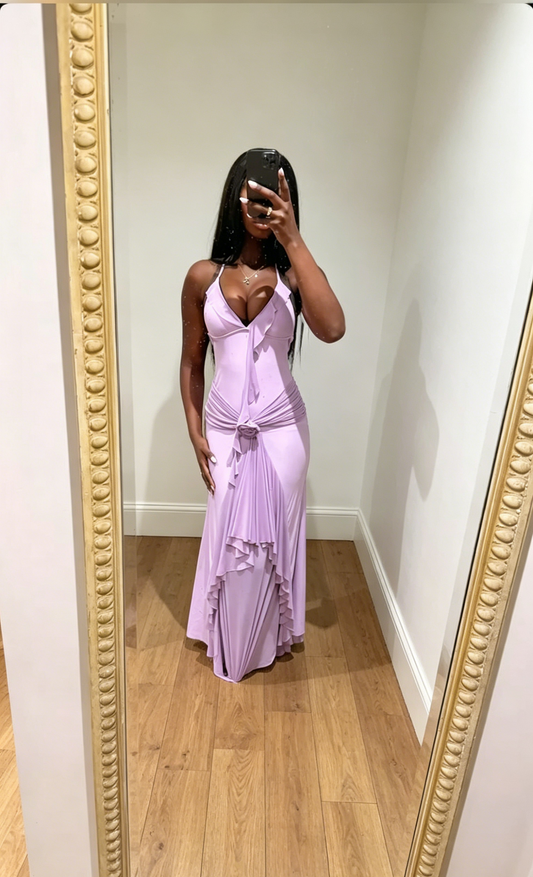 Chic Purple Prom Dress  Sheath Chiffon Vacation Dress Halter Long Evening Dress ED07728