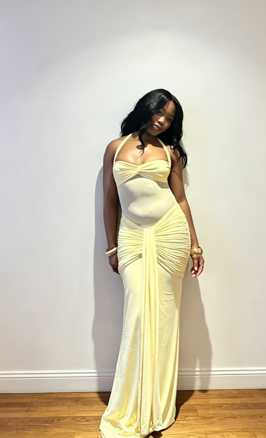 Chic Yellow Prom Dress  Sheath Chiffon Vacation Dress Halter Long Evening Dress ED07729
