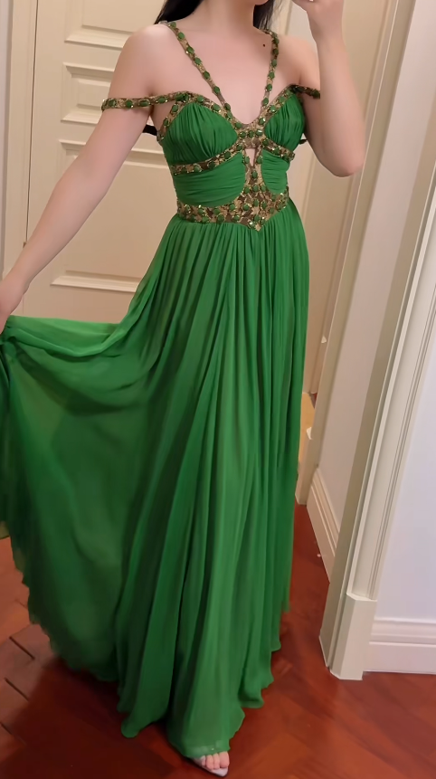 Chic Green Prom Dress  Sheath Chiffon Vacation Dress V-neck Long Evening Dress ED07730