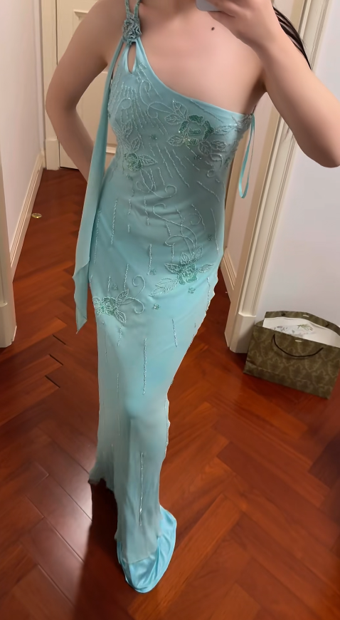 Chic Blue Prom Dress Sheath Beaded Chiffon Vacation Dress One-shoulder Long Evening Dress ED07731