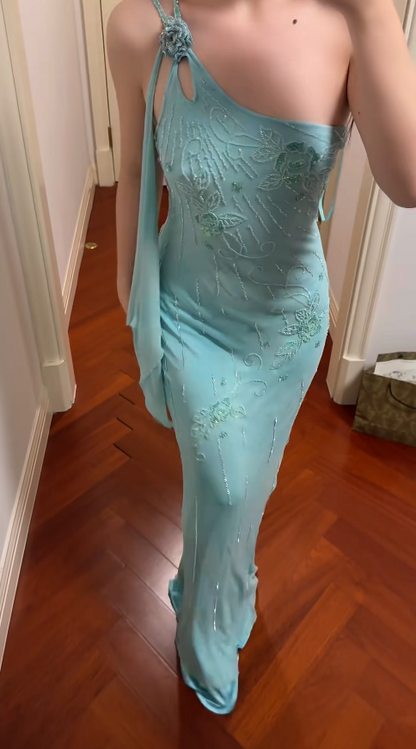 Robe de bal chic bleue fourreau perlé mousseline robe de vacances une épaule longue robe de soirée ED07731