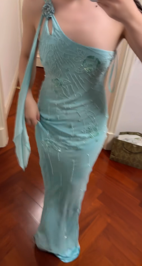 Chic Blue Prom Dress Sheath Beaded Chiffon Vacation Dress One-shoulder Long Evening Dress ED07731