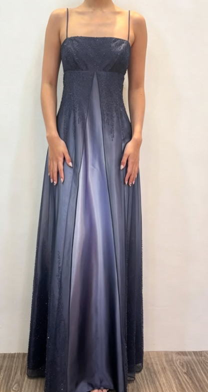 Magnifique Robe Longue Fourreau en Mousseline de Soie Bretelles Fines Robe de Soirée Perles Robe de Bal Bleu Marine Dégradé ED07732