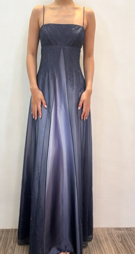 Gorgeous Sheath Chiffon Long Evening Dress Spaghetti Straps Beaded Formal Dress Gradient Navy Blue Prom Dress ED07732