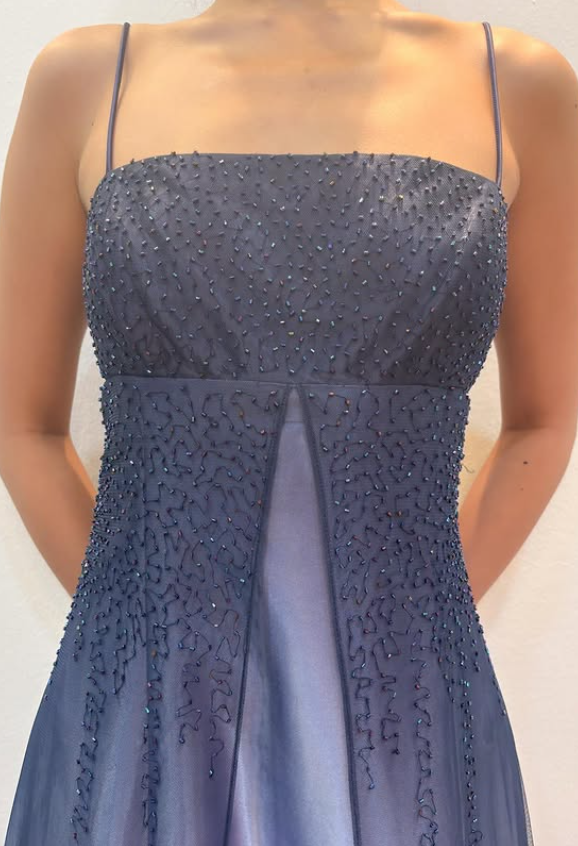 Magnifique Robe Longue Fourreau en Mousseline de Soie Bretelles Fines Robe de Soirée Perles Robe de Bal Bleu Marine Dégradé ED07732