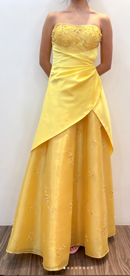 Superbe robe de soirée longue en satin trapèze, sans bretelles, ornée de perles, jaune, robe de bal ED07733