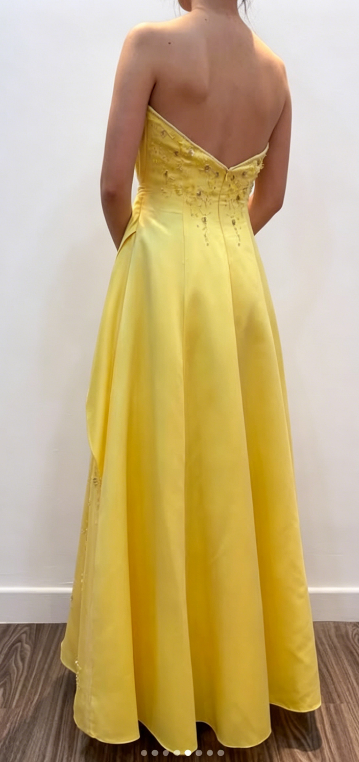 Superbe robe de soirée longue en satin trapèze, sans bretelles, ornée de perles, jaune, robe de bal ED07733