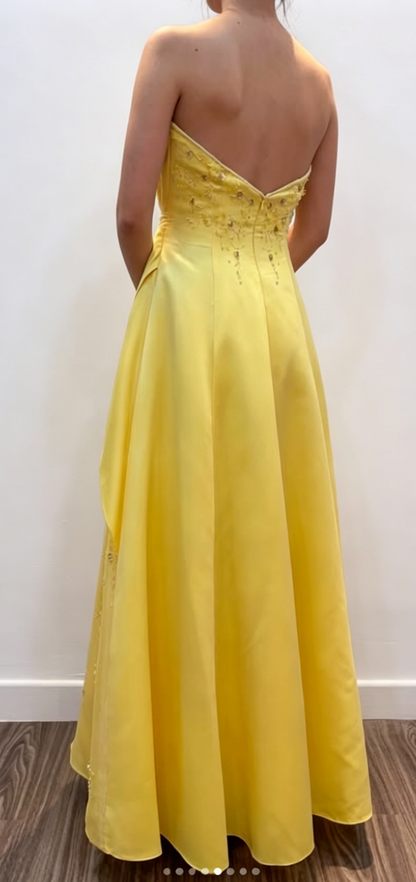 Superbe robe de soirée longue en satin trapèze, sans bretelles, ornée de perles, jaune, robe de bal ED07733