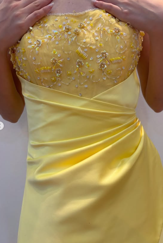 Superbe robe de soirée longue en satin trapèze, sans bretelles, ornée de perles, jaune, robe de bal ED07733