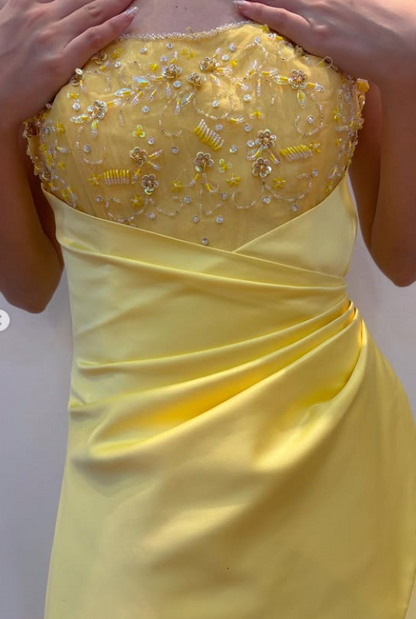Superbe robe de soirée longue en satin trapèze, sans bretelles, ornée de perles, jaune, robe de bal ED07733