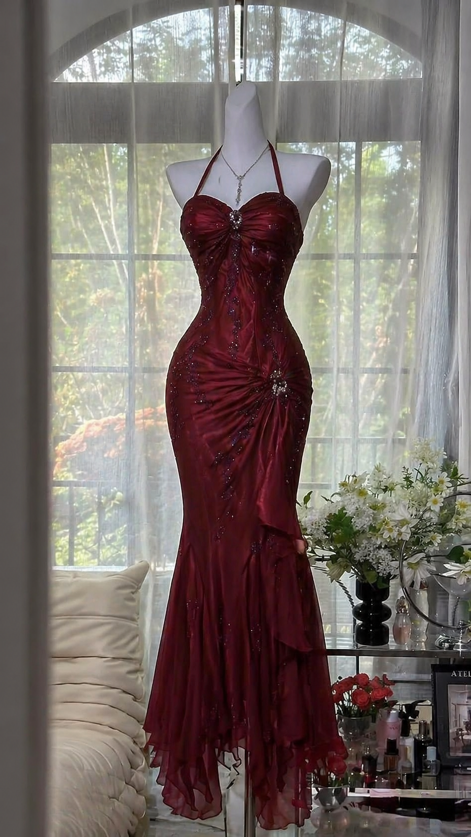 Robe de bal de promo chic bordeaux, sirène, perles, mousseline, robe de vacances, licou, robe de soirée longue ED07734