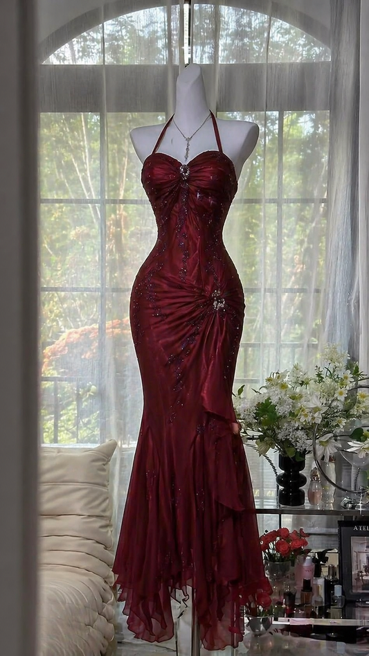 Chic Burgundy Prom Dress  Mermaid Beaded Chiffon Vacation Dress Halter Long Evening Dress ED07734