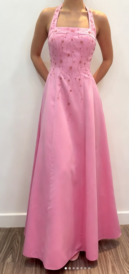 Superbe robe de soirée longue en satin trapèze, col halter, ornée de perles, robe de bal rose ED07735