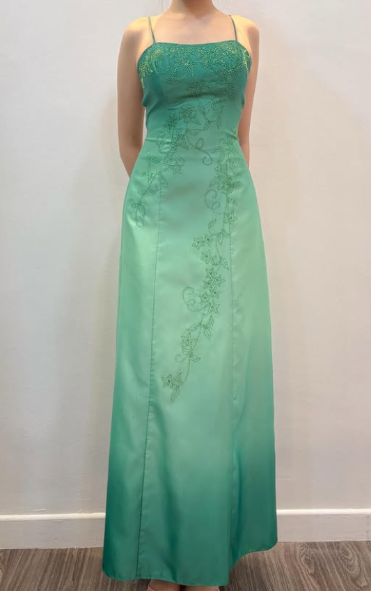 Chic Green Prom Dress Sheath Satin Beaded Long Evening Dress Spaghetti  Straps Formal Dress ED07737