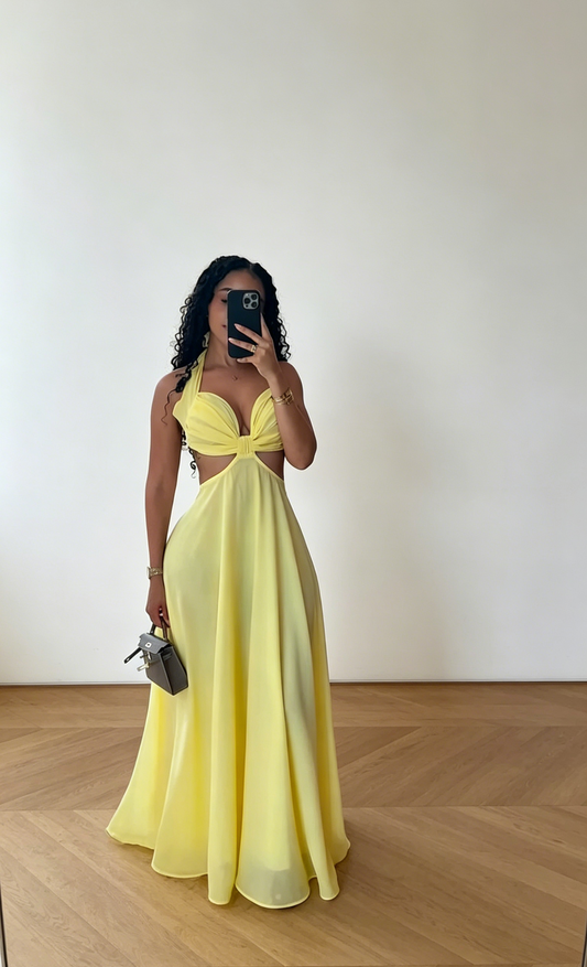 Simple A-line Chiffon Long Evening Dress Halter Vacation Dress Yellow Beach Wedding Guest Dress ED07738