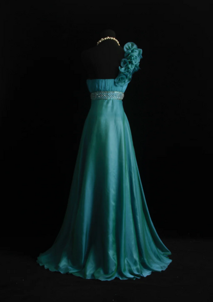 Fashion Peacock Blue Wedding Guest Dress One-shoulder Sheath Satin Long Evening Dress ED07741